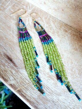 BOGO EARRINGS Boho Chic Seed Bead Fringe Dangle Earrings, Statement 5"